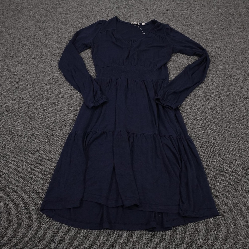 Fat Face Dress Womens UK 6 Blue Long Sleeve V Neck Fit & Flare Midi Smocked
